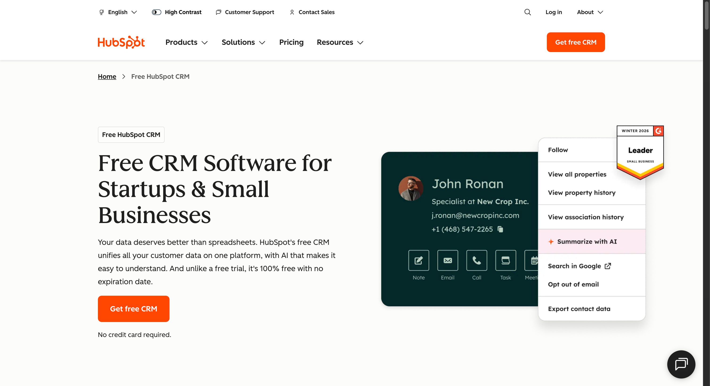 Screenshot: HubSpot CRM (hubspot.com, April 2026)